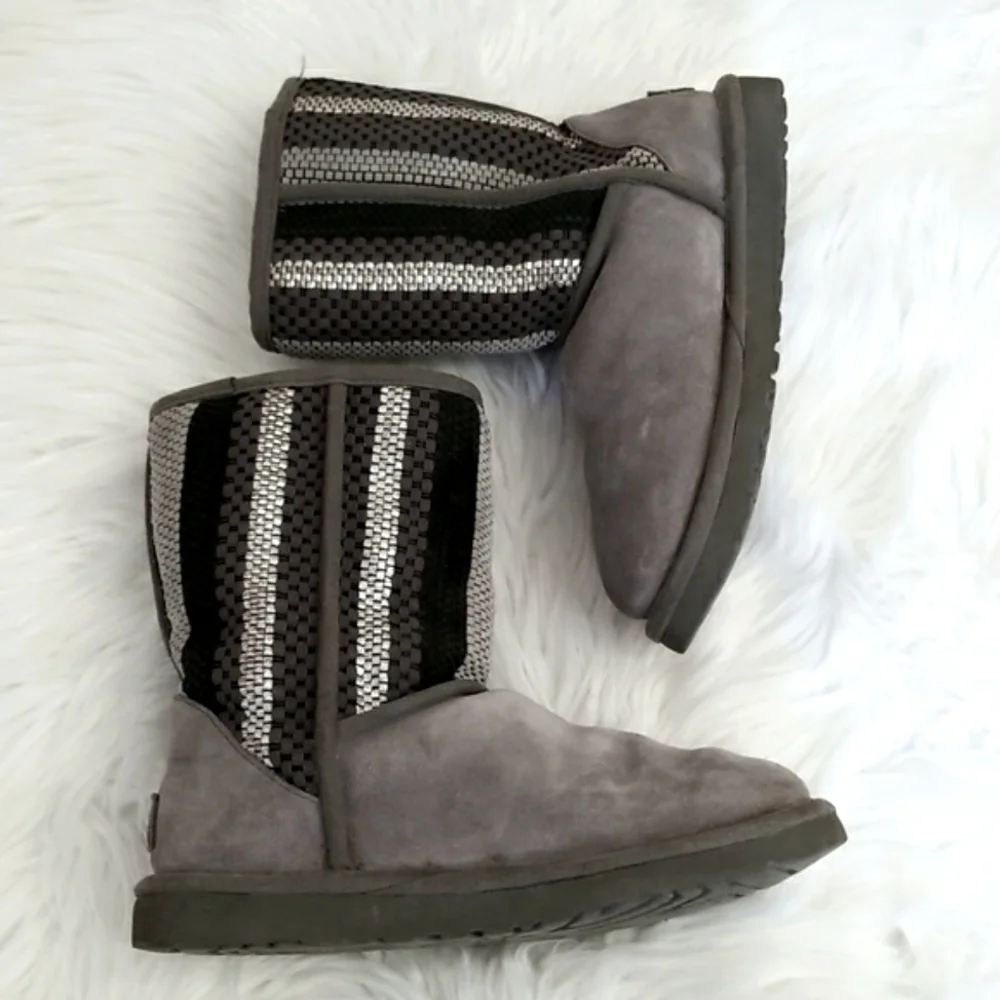 UGG Australia CHARCOAL CLASSIC SHORT WOVEN SUEDE SHEEPSKIN BOOTS 1010551, Size-6